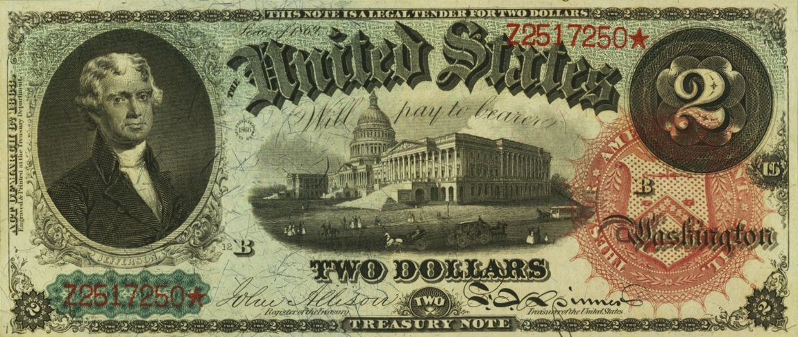 Front of United States p145: 2 Dollars from 1869