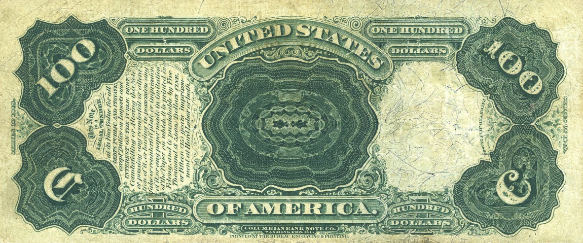 Back of United States p171: 100 Dollars from 1878