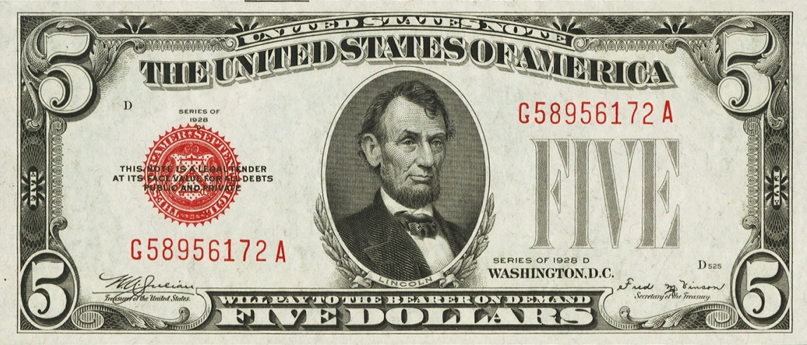 Front of United States p379d: 5 Dollars from 1928