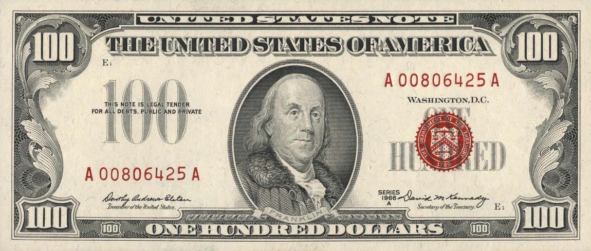 Front of United States p384b: 100 Dollars from 1966