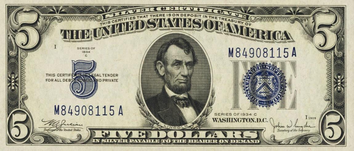 Front of United States p414Ac: 5 Dollars from 1934