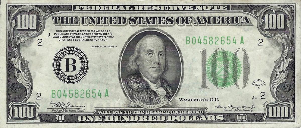 Front of United States p433Da: 100 Dollars from 1934