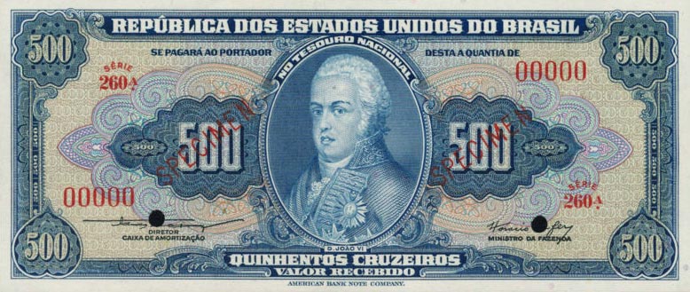 Front of Brazil p155s: 500 Cruzeiros from 1953