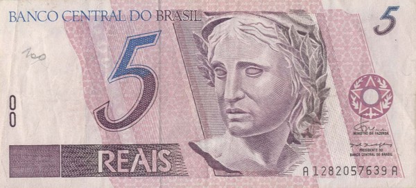 Front of Brazil p244a: 5 Reais from 1994