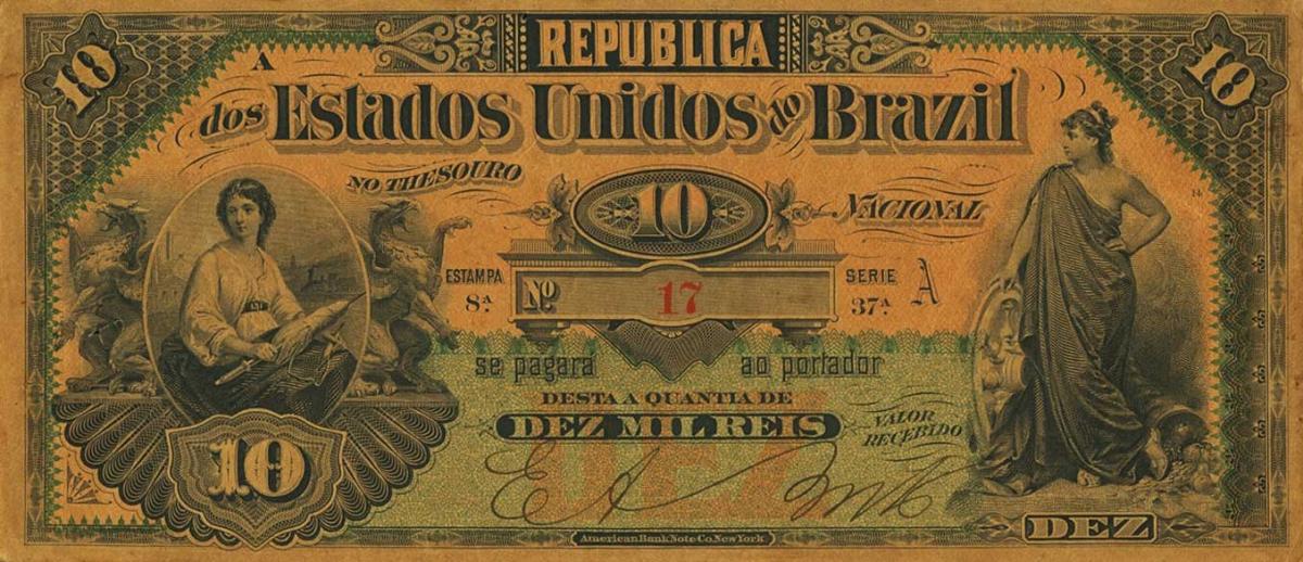 Front of Brazil p30s: 10 Mil Reis from 1892