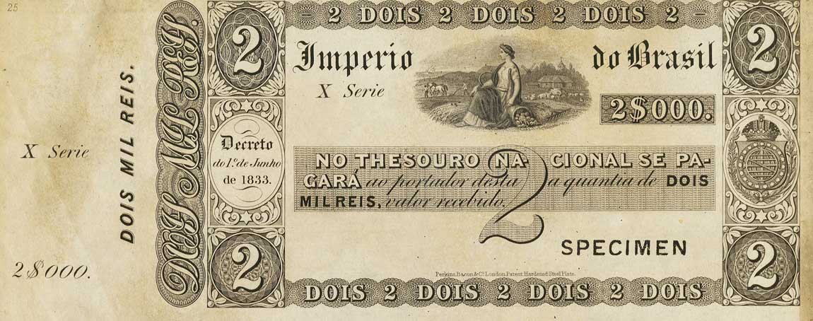 Front of Brazil pA220s: 2 Mil Reis from 1833