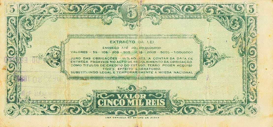 Back of Brazil pS751: 5 Mil Reis from 1930