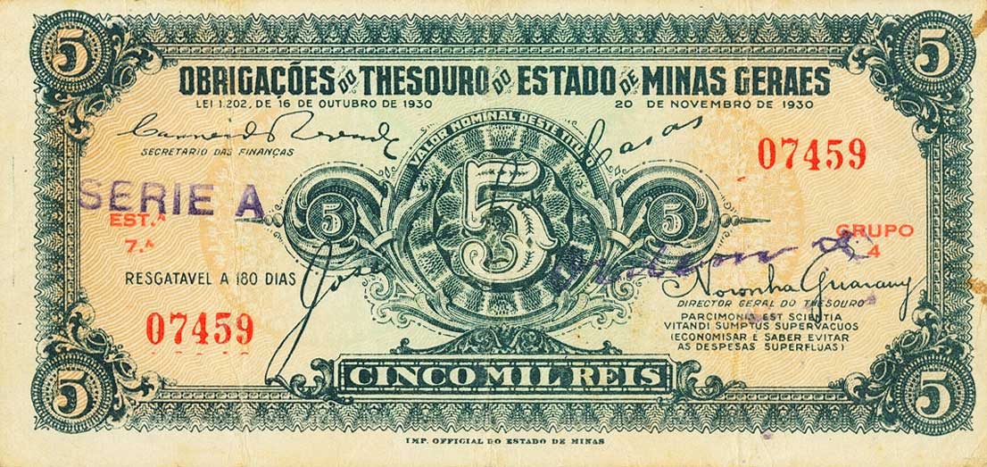 Front of Brazil pS751: 5 Mil Reis from 1930