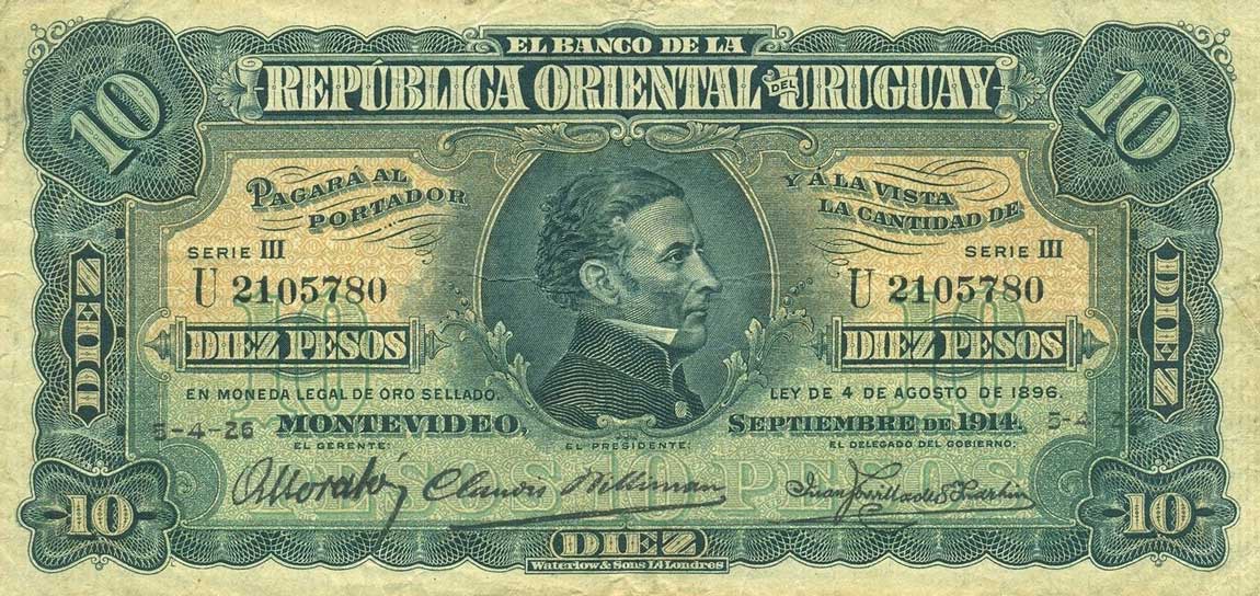 Front of Uruguay p11b: 10 Pesos from 1925
