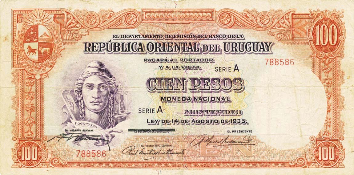 Front of Uruguay p31b: 100 Pesos from 1935