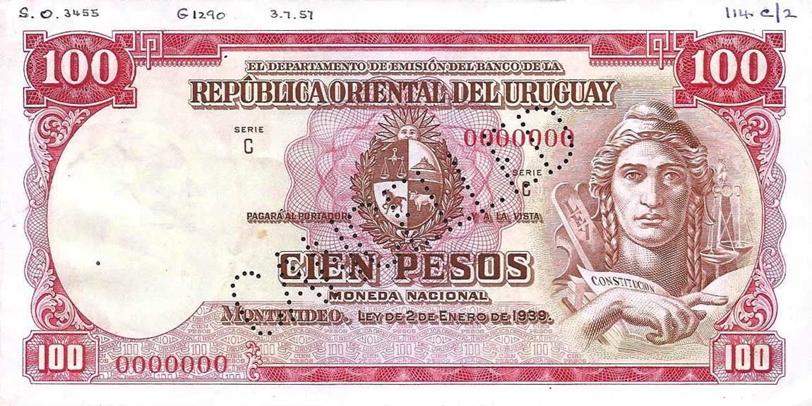 Front of Uruguay p39s: 100 Pesos from 1939