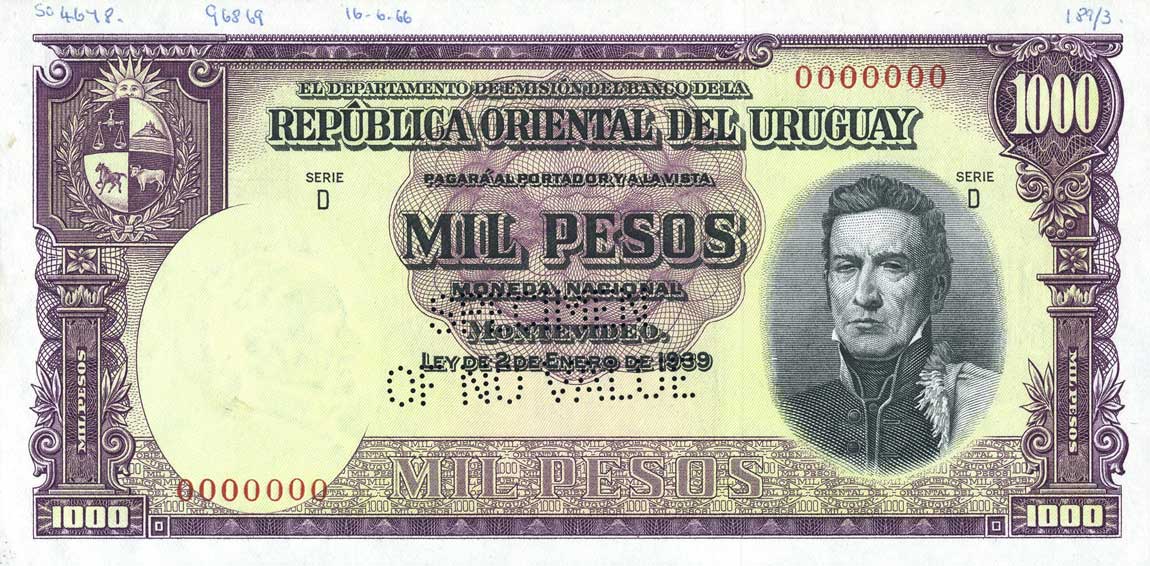 Front of Uruguay p45s: 1000 Pesos from 1939