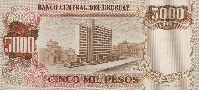 Back of Uruguay p57a: 5 Nuevos Pesos from 1975