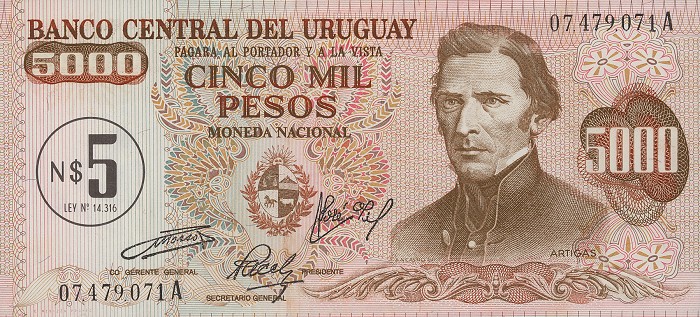 Front of Uruguay p57a: 5 Nuevos Pesos from 1975