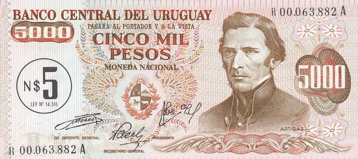 Front of Uruguay p57r: 5 Nuevos Pesos from 1975
