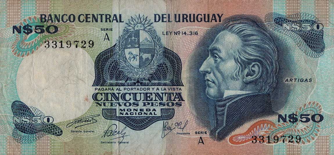 Front of Uruguay p59a: 50 Nuevos Pesos from 1975