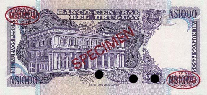 Back of Uruguay p64As: 1000 Nuevos Pesos from 1991