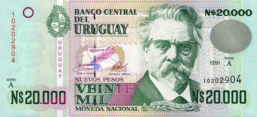 Front of Uruguay p69a: 20000 Nuevos Pesos from 1989