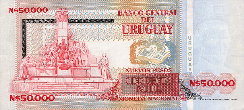 Back of Uruguay p70a: 50000 Nuevos Pesos from 1989