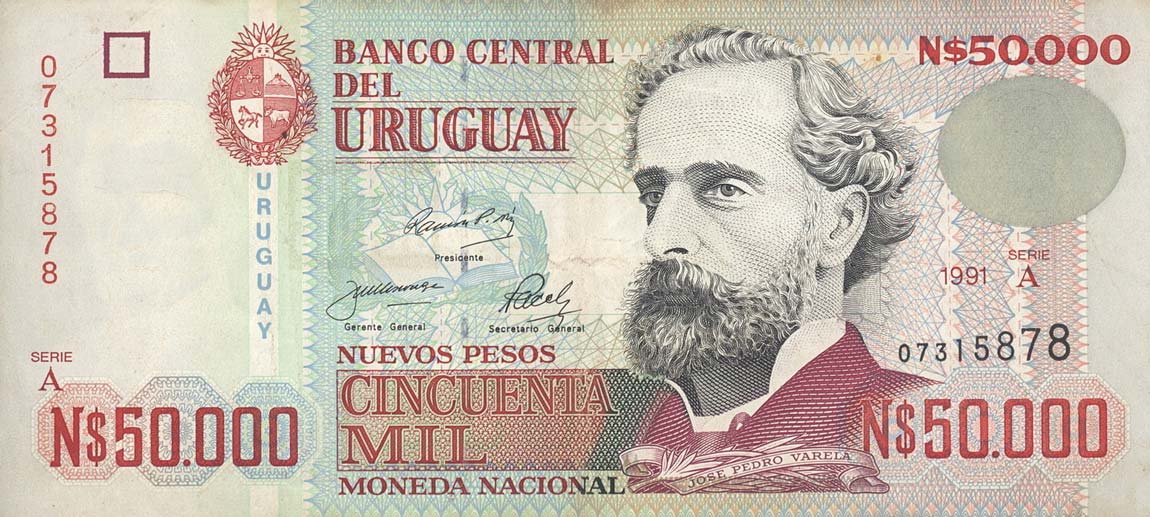 Front of Uruguay p70b: 50000 Nuevos Pesos from 1991