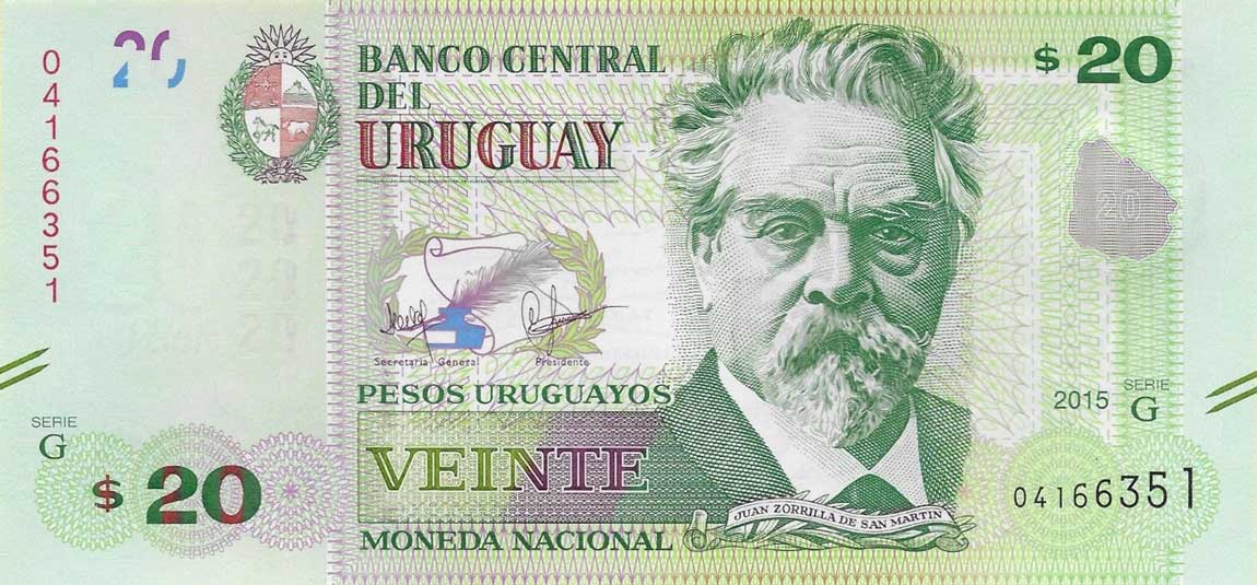 Front of Uruguay p93a: 20 Pesos Uruguayos from 2015