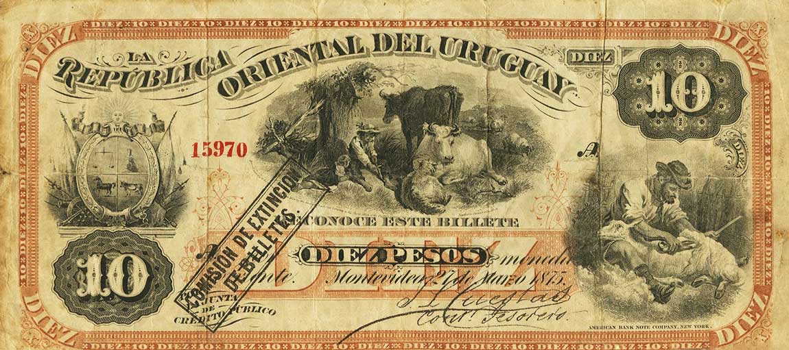 Front of Uruguay pA104: 10 Pesos from 1875