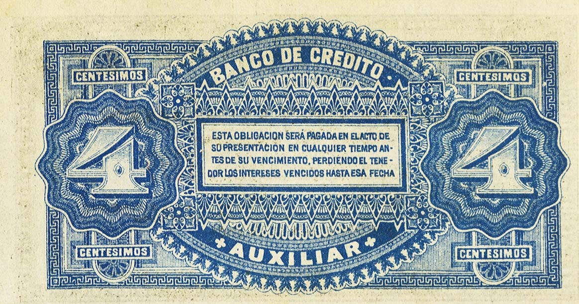 Back of Uruguay pS161r: 4 Centesimos from 1888