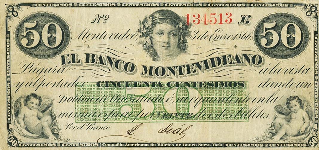 Front of Uruguay pS352a: 50 Centesimos from 1866