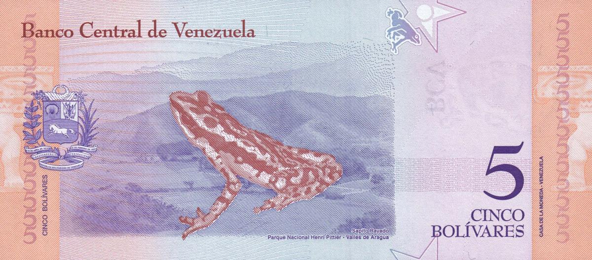 Back of Venezuela p102: 5 Bolivar from 2018