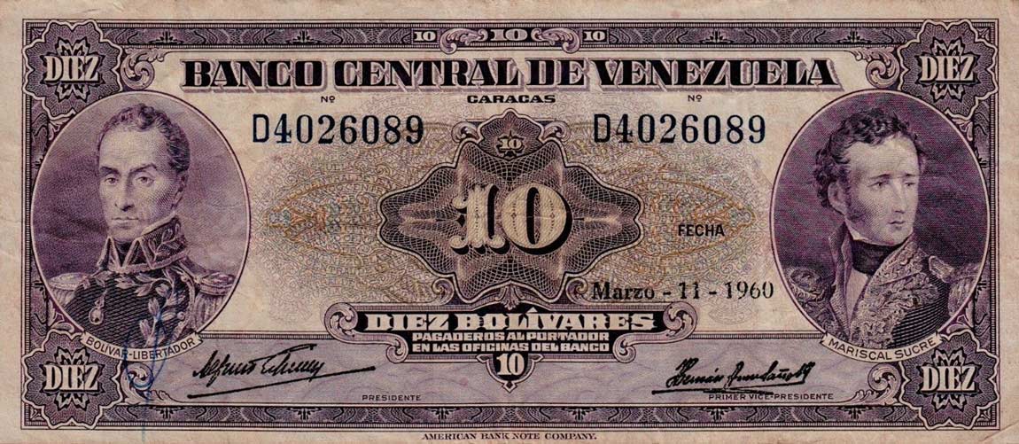Front of Venezuela p31d: 10 Bolivares from 1959
