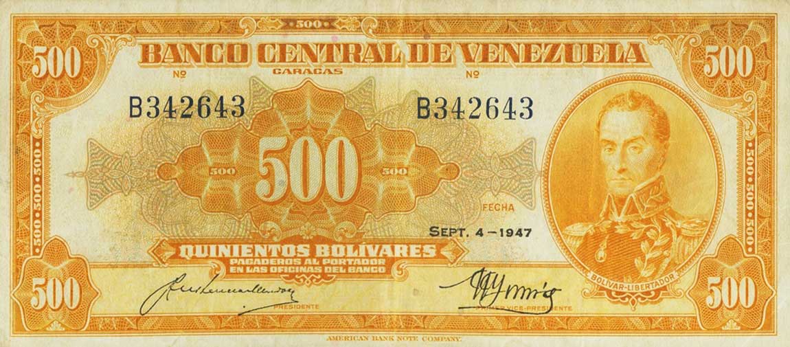 Front of Venezuela p37a: 500 Bolivares from 1947