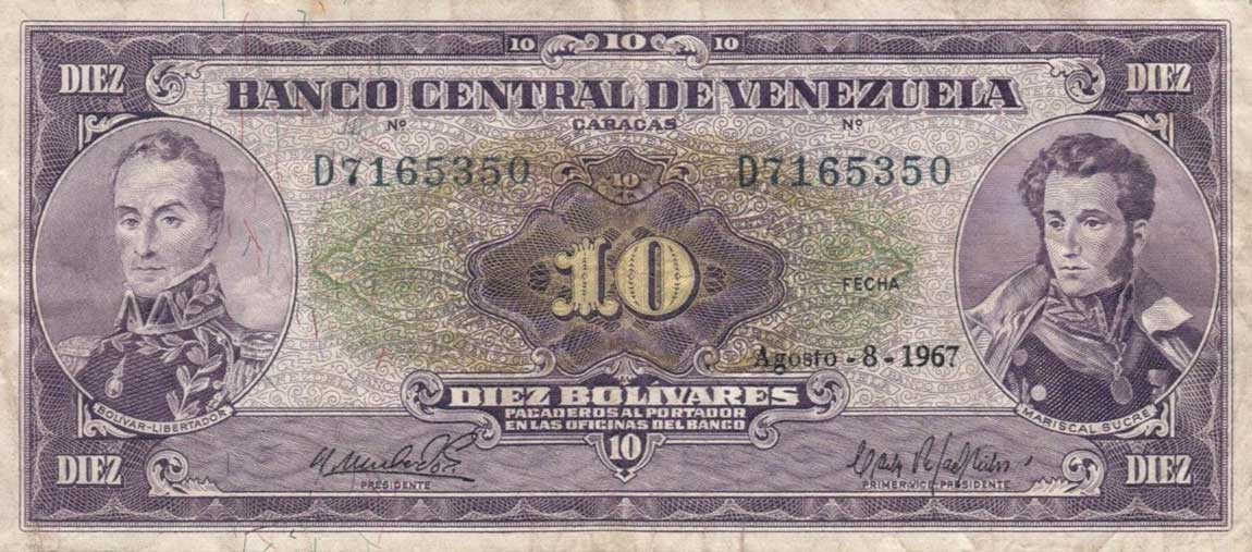 Front of Venezuela p45d: 10 Bolivares from 1967