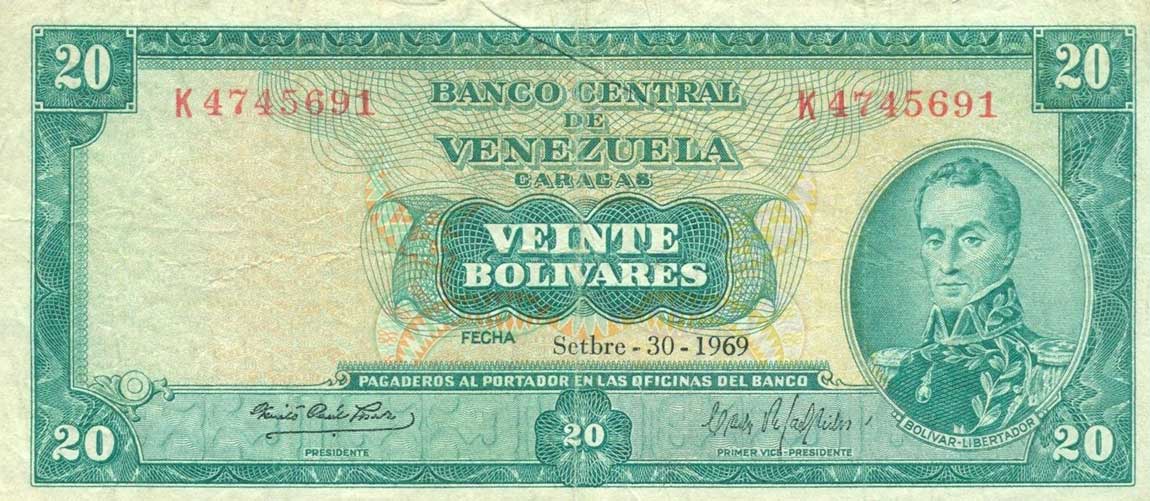 Front of Venezuela p46c: 20 Bolivares from 1969