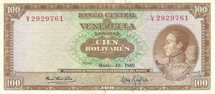 Front of Venezuela p48f: 100 Bolivares from 1969