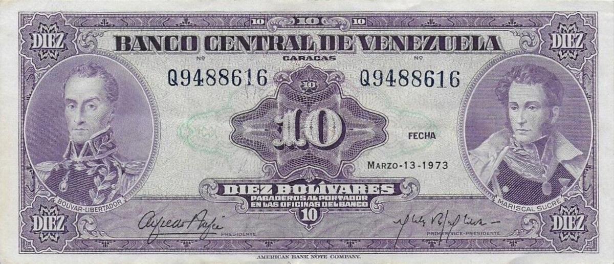 Front of Venezuela p51c: 10 Bolivares from 1973