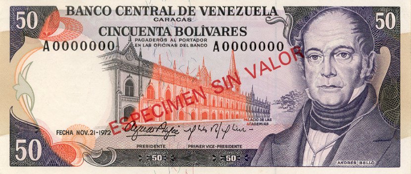 Front of Venezuela p54s: 50 Bolivares from 1972