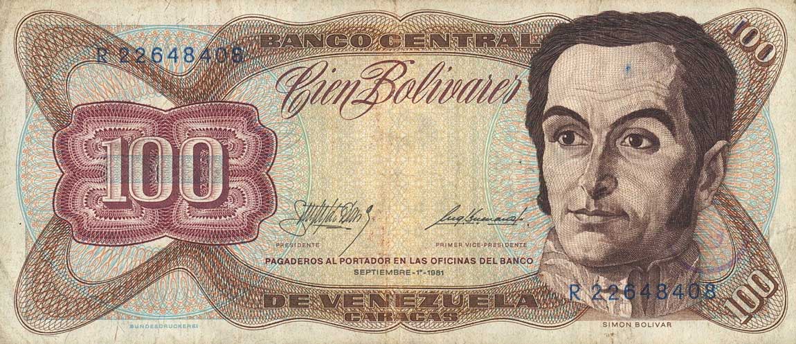Front of Venezuela p55g: 100 Bolivares from 1981