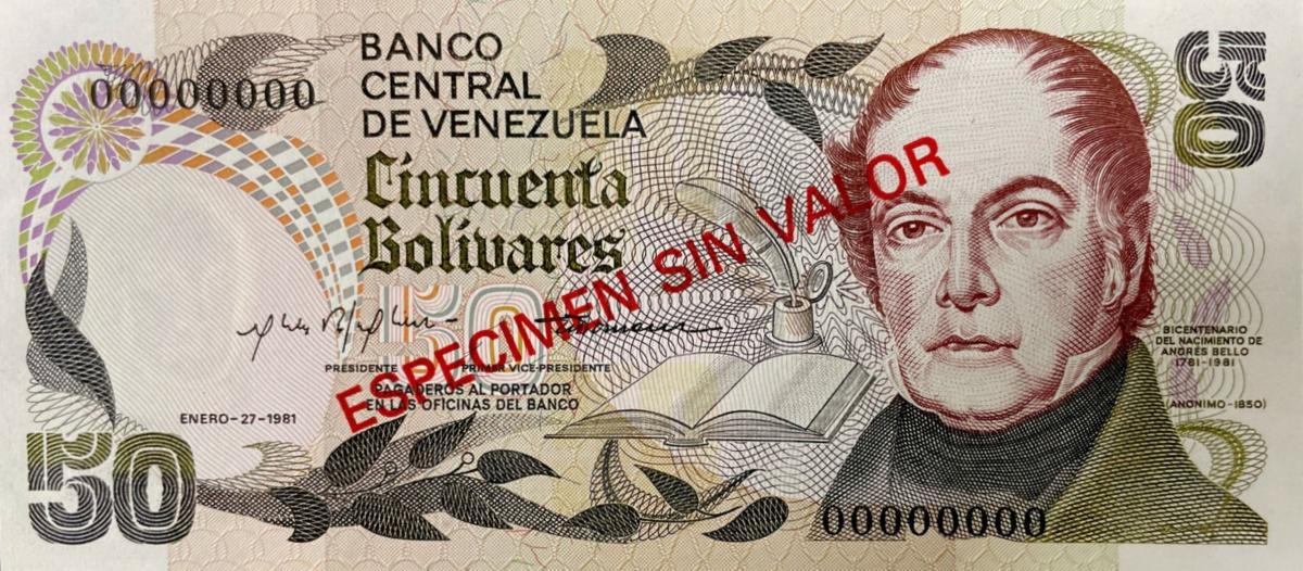 Front of Venezuela p58s: 50 Bolivares from 1981