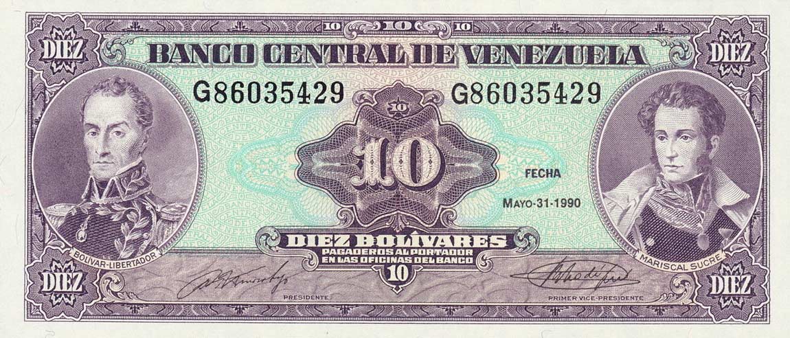Front of Venezuela p61b: 10 Bolivares from 1990