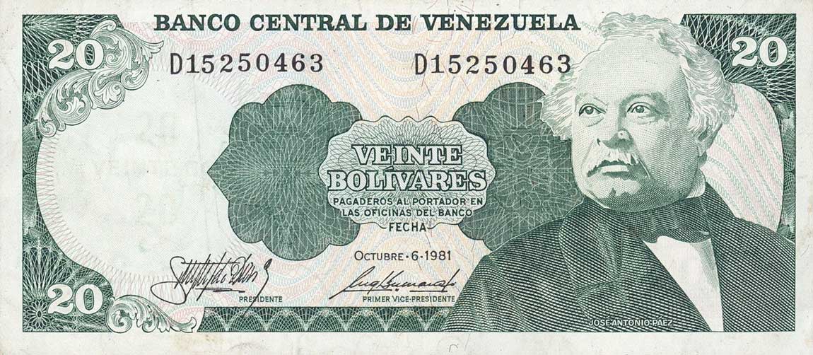 Front of Venezuela p63a: 20 Bolivares from 1981