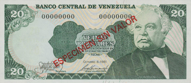 Front of Venezuela p63s: 20 Bolivares from 1981