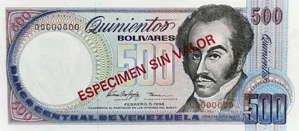 Front of Venezuela p67s: 500 Bolivares from 1981