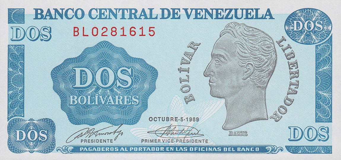 Front of Venezuela p69a: 2 Bolivares from 1989
