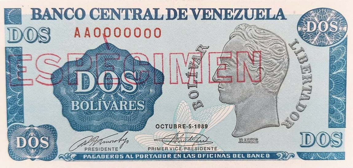 Front of Venezuela p69s: 2 Bolivares from 1989