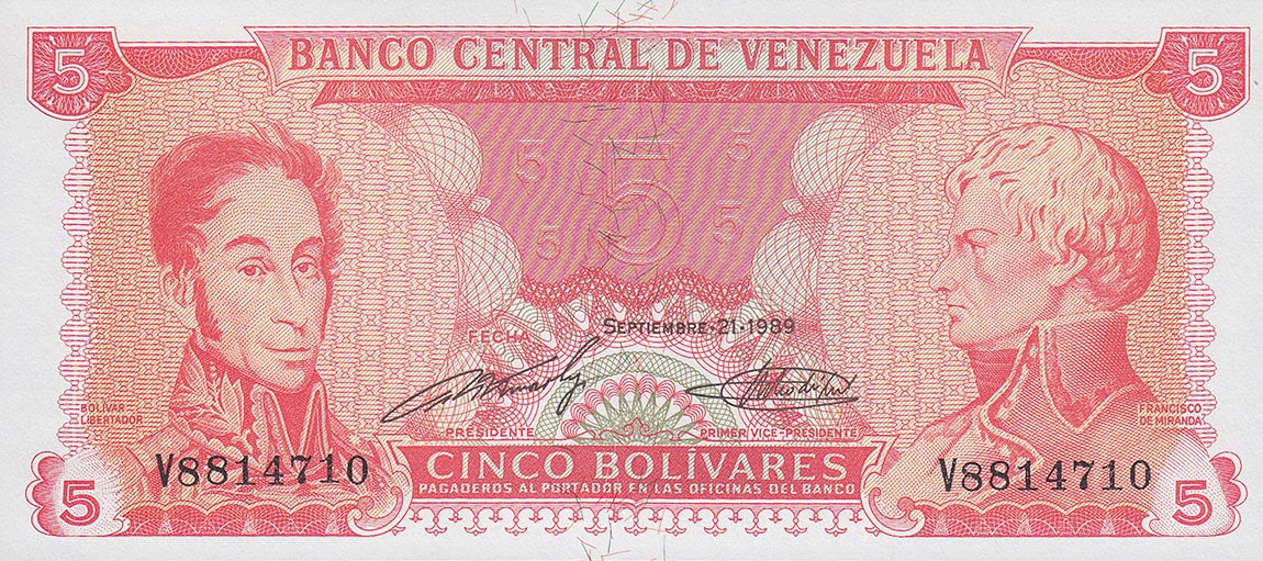 Front of Venezuela p70a: 5 Bolivares from 1989