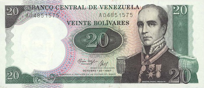 Front of Venezuela p71: 20 Bolivares from 1987