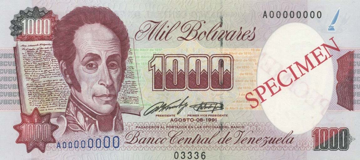 Front of Venezuela p73s1: 1000 Bolivares from 1991