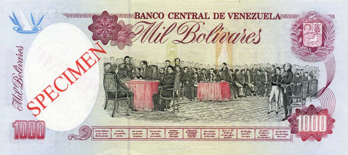 Back of Venezuela p73s2: 1000 Bolivares from 1992