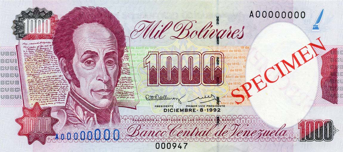 Front of Venezuela p73s2: 1000 Bolivares from 1992