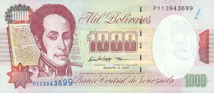 Front of Venezuela p76e: 1000 Bolivares from 1998